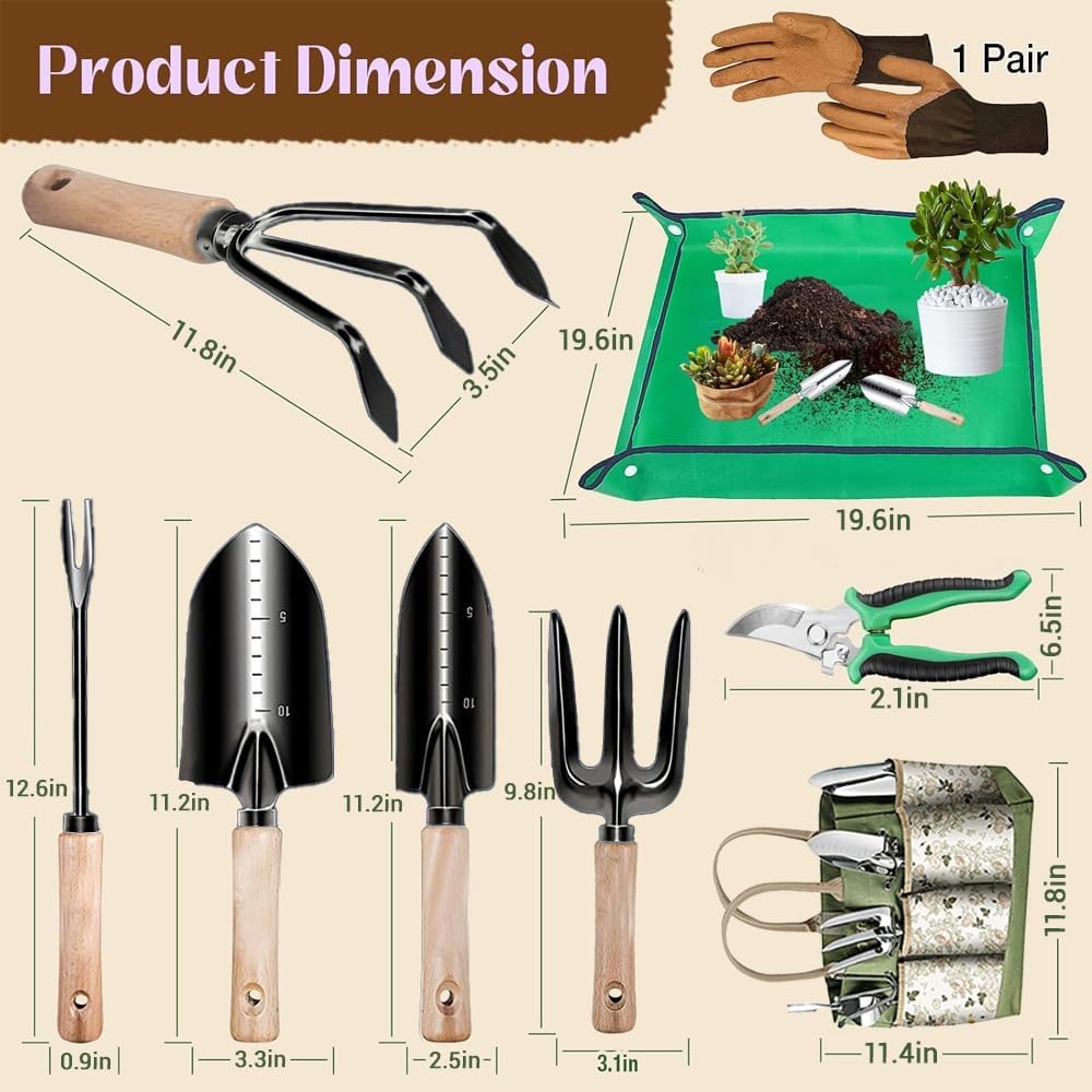 Gardening Hand Tools,14 Pieces Stainless Steel Heavy-Duty Gardening Hand Tools with Delicate Storage Bag, Aprons and
