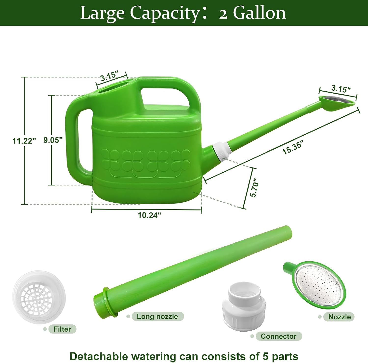 2 Gallon Watering Can, Large Garden Watering Can for Outdoor Plants | Removable Long Spout, Detachable Stainless Steel