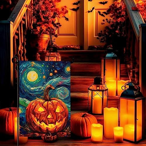 Halloween Garden Flag Pumpkin Garden Flag Van Gogh Garden Flags Arts Starry Night Sky Moon Yard Flag Double Sided Fall Porch Patio Farmhouse Outdoor Yard Decorative 12 x 18 Inch