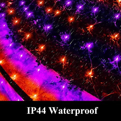 Net Light Outdoor Mesh Christmas Decorations, 100LED String Light Plug in Connectable Tree Warp Hanging 5ft x 5ft for Halloween, Shrubs, Lawn, Backyard, Walkway, Bushes, Garden Decor-Orange&Purple