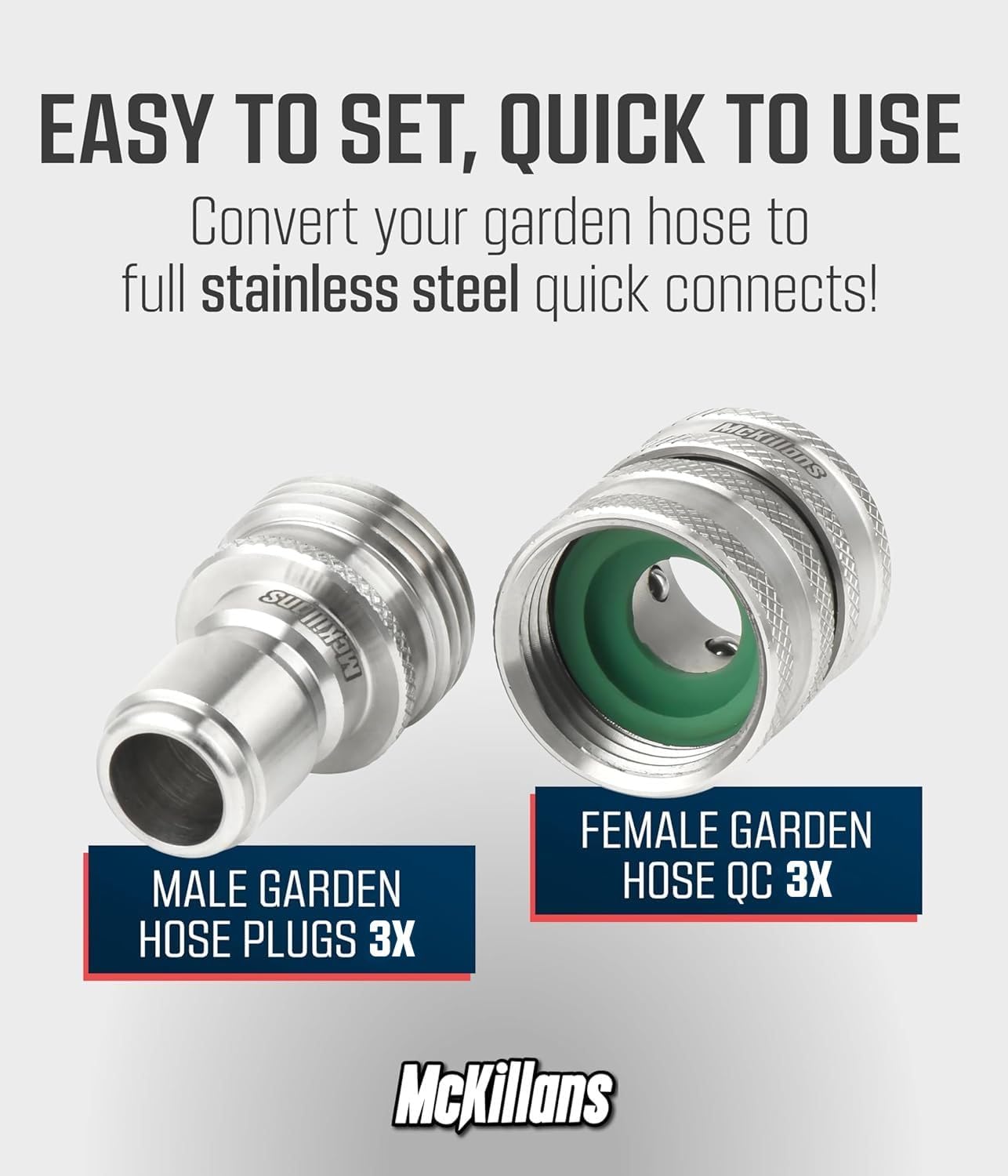 McKillans® Water Hose Quick Connect [UNIVERSAL FIT] 3 Pack - Stainless Steel Garden Hose Quick Connector - Durable