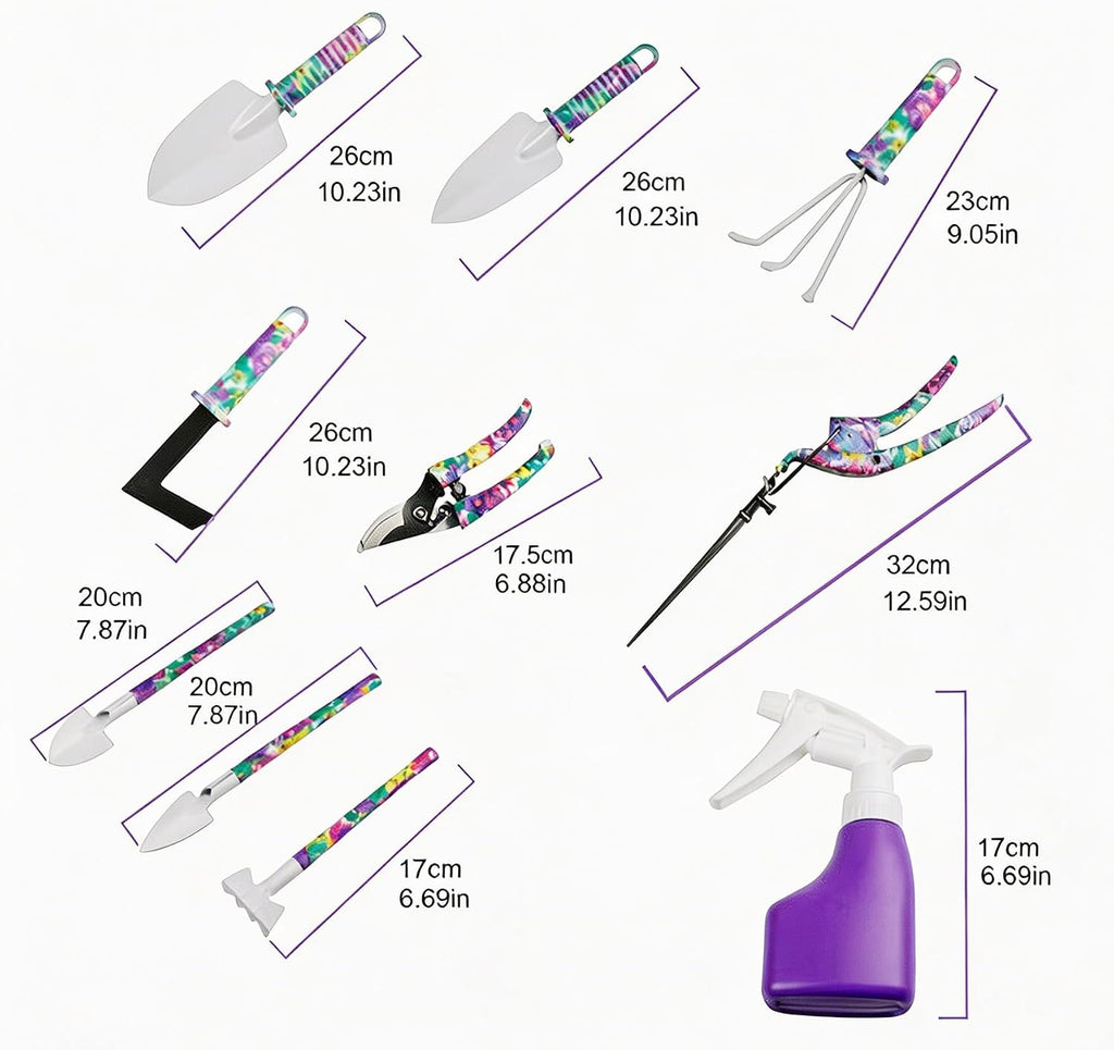 Garden Tools Set, 10 Piece Kit with Trowels, Pruners, Spray Bottle, and Carrying Case (Purple)