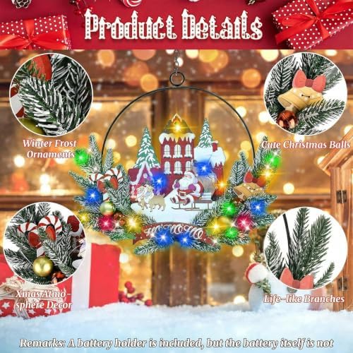 Pre-Lit Christmas Wreath for Front Door, Lighted Witch with 6H On/18H Off