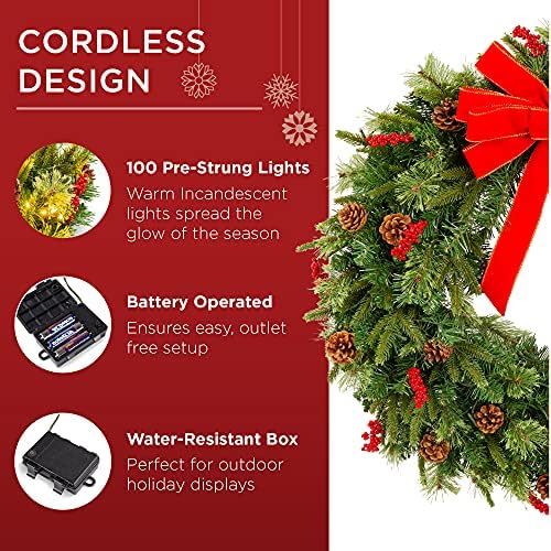 Best Choice Products 30in Pre-Lit Battery Powered Christmas Wreath Artificial Pre-Decorated Holiday Accent w/ 100 Lights, 276 PVC Tips, Ribbons, Pine Cones