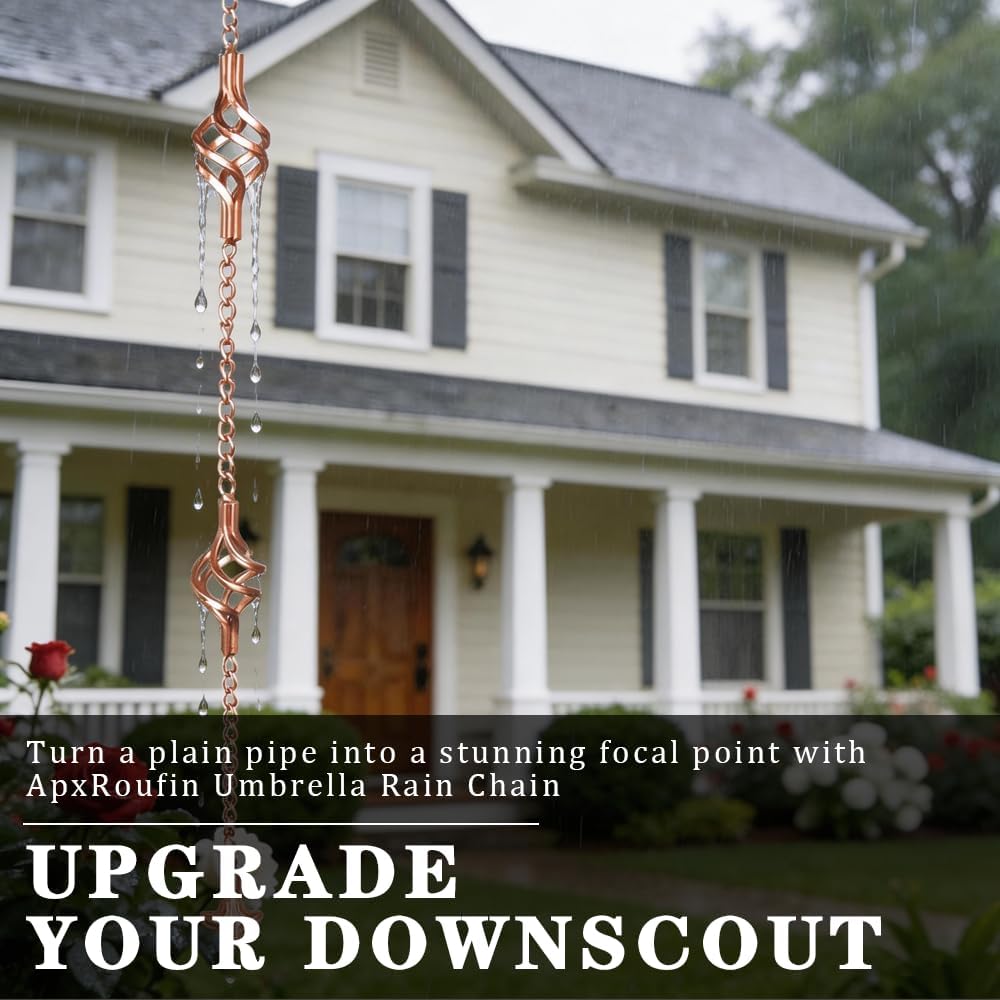 APX Gutter Rain Chains 11 Ft, Decorative Downspout Set with Hook & Anchor. | Cooper 11 Spiral Cups, Heavy Duty &