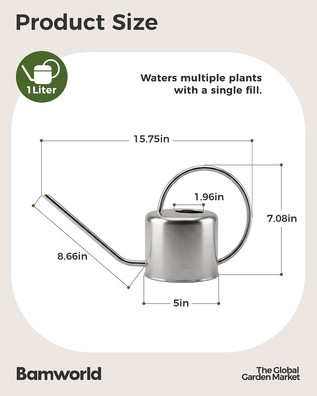 Bamworld Metal Watering Can for Indoor Outdoor Plant 1L/35oz Silver | Stainless Steel Watering Can with Long Spout for