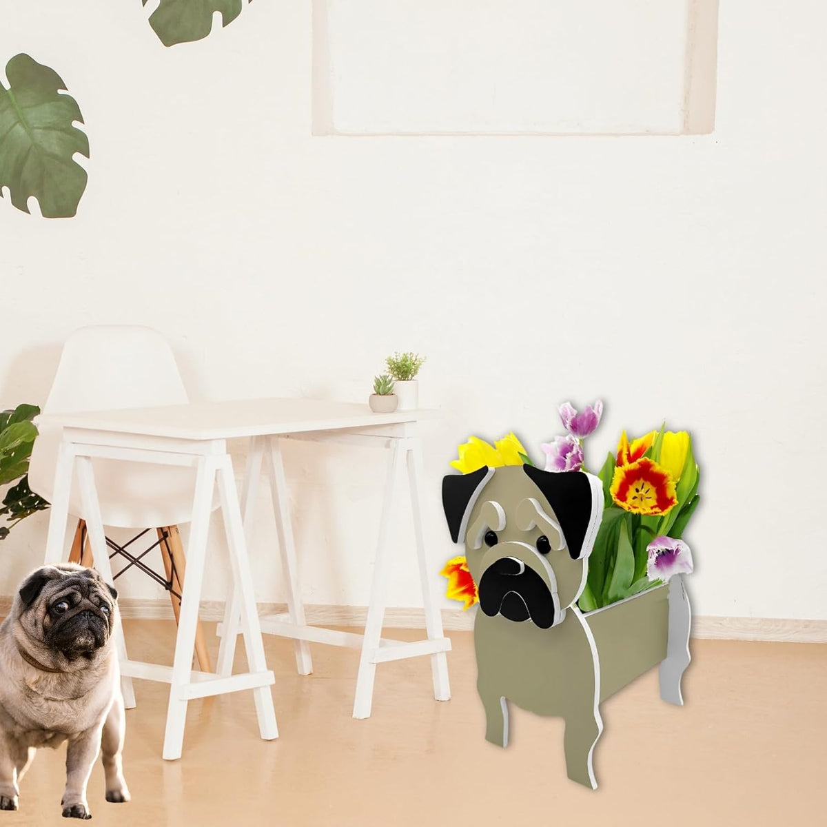 Pug Dog Planter Pots, Animal Shaped Flower Pot | Cute Plant Gift for Women and Pet Lovers, Indoor Outdoor Garden Home