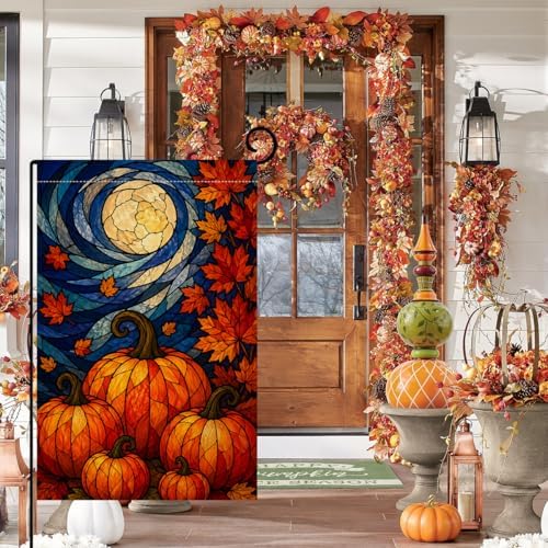 Fall Pumpkin Garden Flag 12x18 Stained Glass Yard Decor