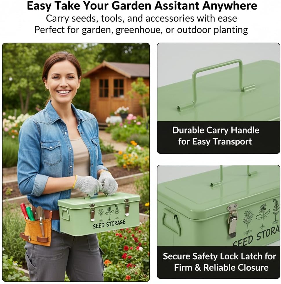 Metal Seed Storage Box Organizer with 3 Compartments, Safety Lock Lid Bin Seed Bottles Envelopes, Plant Labels