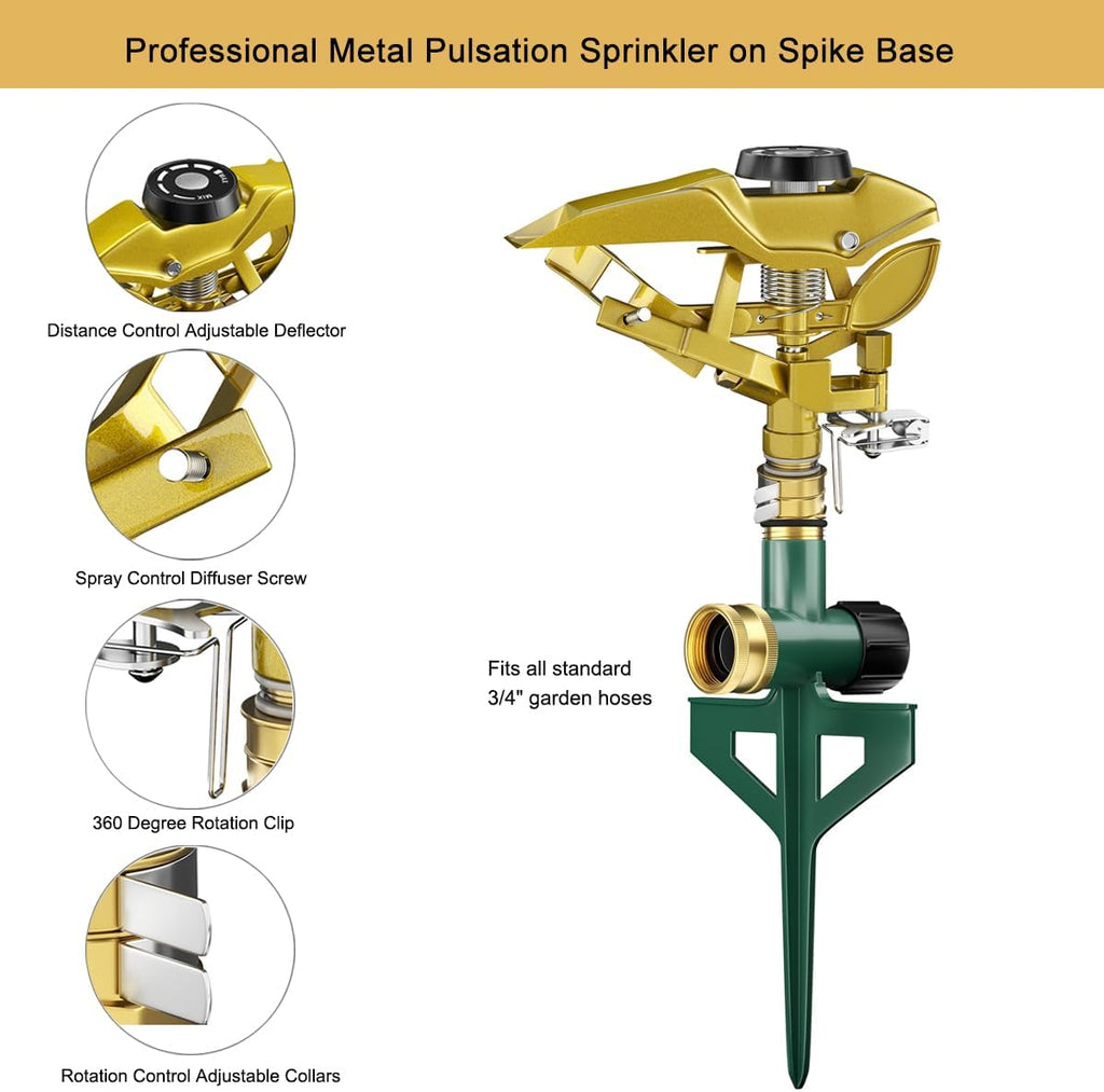 FANHAO Heavy Duty Pulsating Impact Sprinkler on Spike Base, 100% Metal Impact Sprinkler with 360° Adjustable Spray
