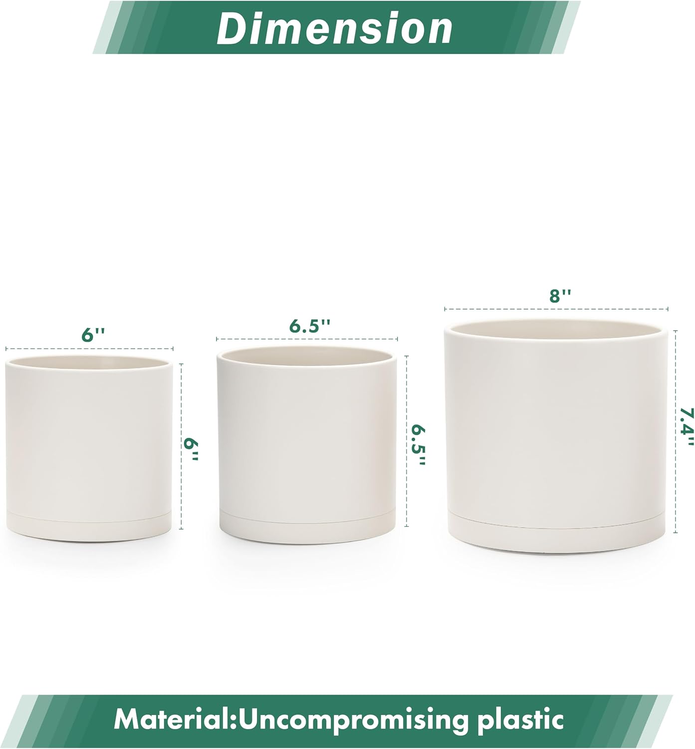 D'vine Dev 3-Pack Plastic Pots & Saucers, 6/6.5/8 in, Oatmeal, 74-V-H-3 | Multi-Size Options, Lightweight Durable