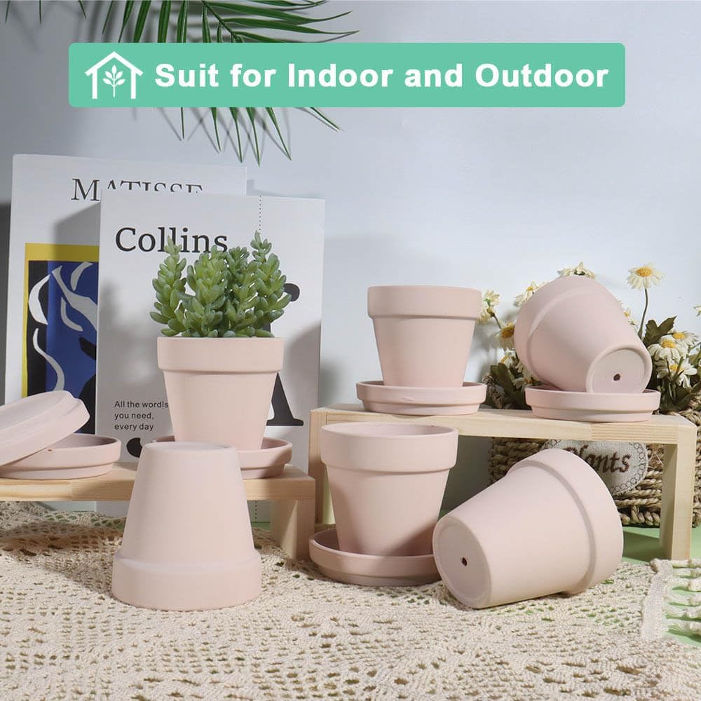 3 Inch Pink Terracotta & Clay Pots with Saucer, 12 Pack | Clay Flowerpot with Drainage, Nursery pot for succulents