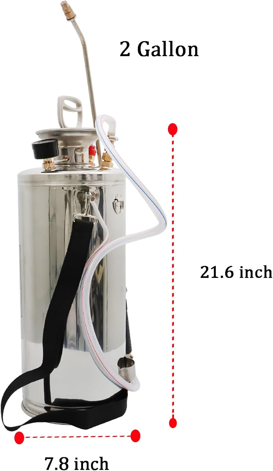 Heavy Duty Stainless Steel Sprayer, 2 Gallon Pump Sprayer, 8L Stainless Hand Pump Sprayer for Lawn, Garden Watering