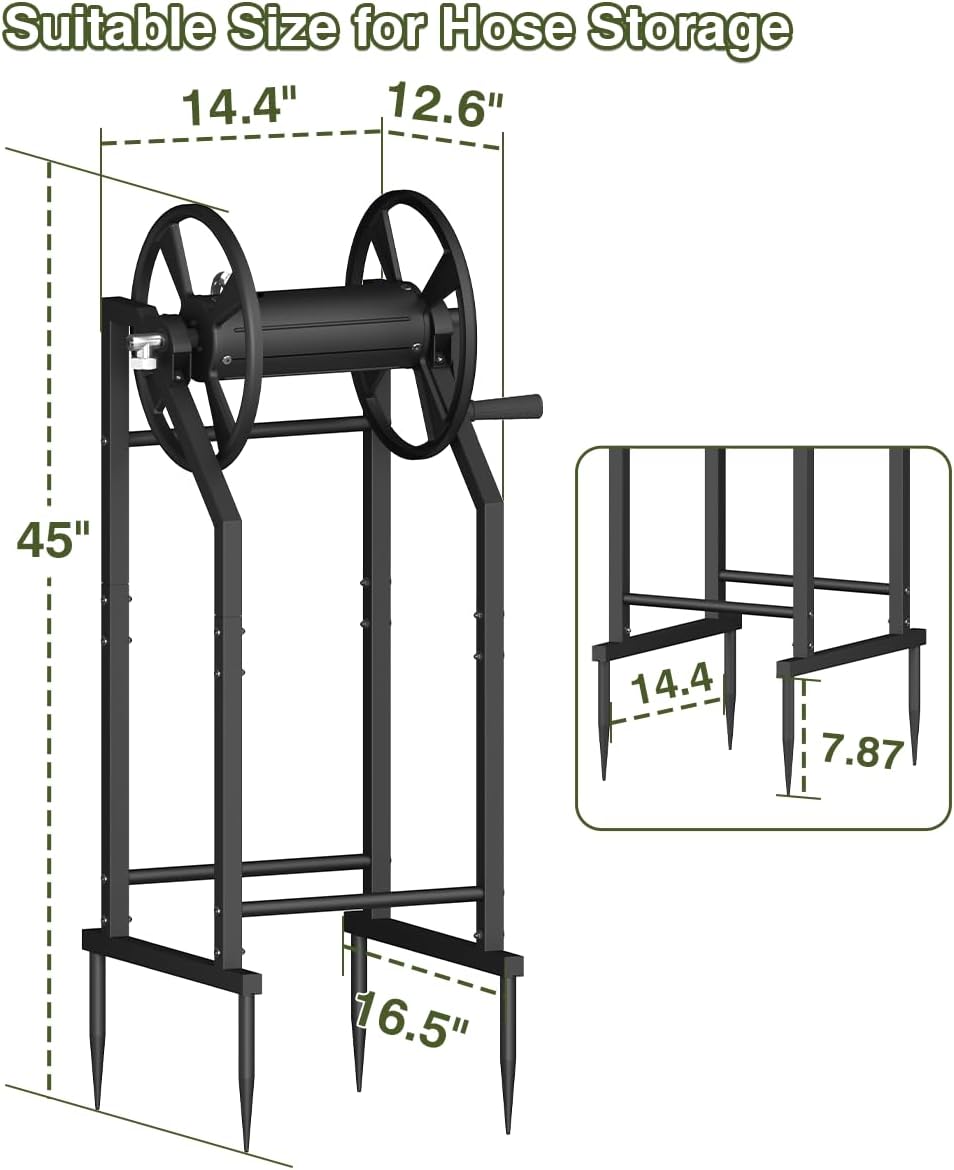 4-Spike Garden Hose Reel with 3.9ft Leader Hose & Stainless Fitting, Outdoor Hose Holder holds 125ft Hose of 5/8"
