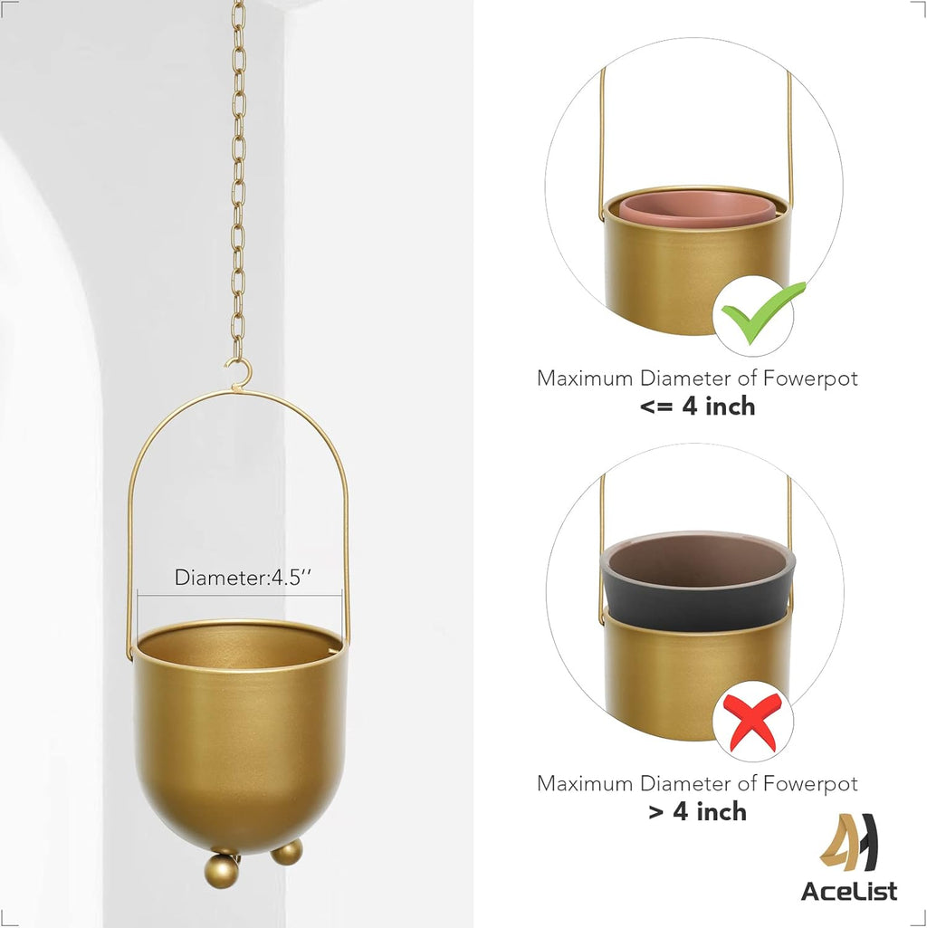 AceList Boho Gold Metal Hanging Planters, Set of 2 with Hooks & Chains - Versatile Wall & Ceiling Plant Hangers for