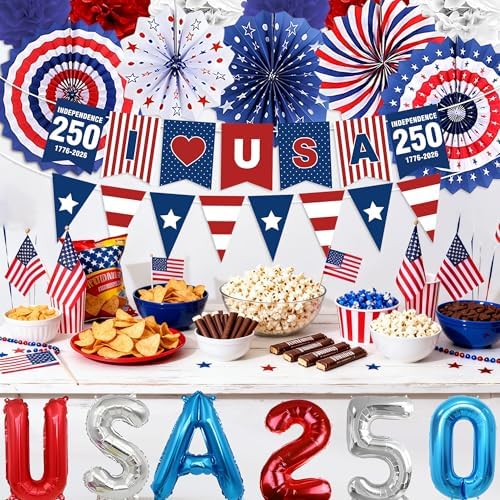 33 PCS USA 250th Anniversary Decorations Set 4th of July & Fourth of July Decor Red White Blue Paper Fans Pom Poms Balloons Banners Indoor & Outdoor American Patriotic Party Supplies