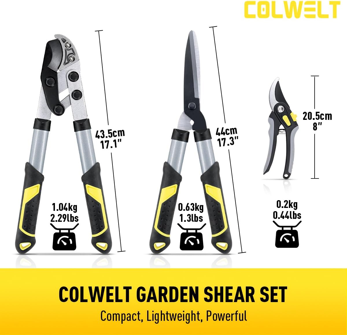 Colwelt Garden Shears Set 3Pc, 17’’ Hedge Shears Loppers for Gardening Tool | Compact 17in Branch Cutter Set, Hedge