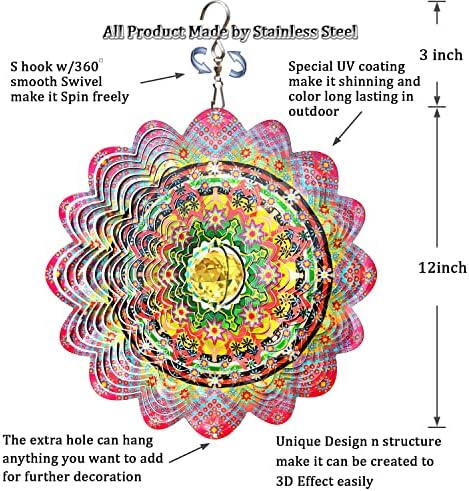 FONMY Mandala Wind Spinner w/Crystal Ball-Romatic Flower 3D Stainless Steel Hanging Spinners Worth Gift Christmas Decoration Indoor/Outdoor Garden Décor Kinetic Yard Art 12 Inches Wind Sculpture