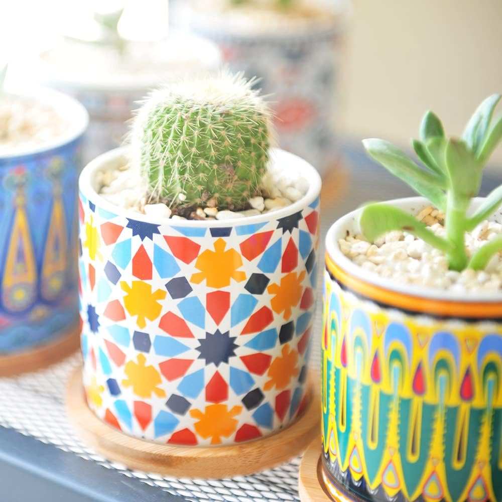 6 Pack Mandala Succulent Plant Pot with Bamboo Trays, Ceramic Multicolored Succulent Container Planter Pot for Small