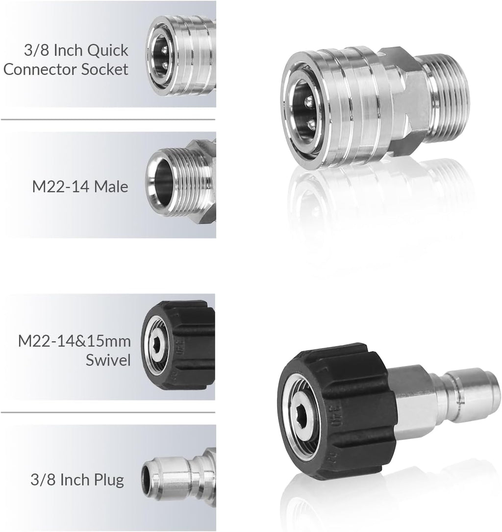 Pressure Washer Adapter Set, Stainless Steel Quick Disconnect Kit, M22-14 &15mm Swivel to 3/8 Inch Quick Connect, 3/4