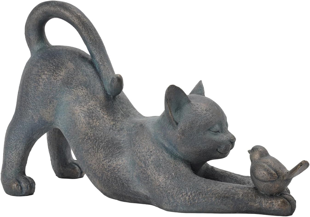 Cat Garden Statues Outdoor Cat-Figurines - Home Garden Decor 16 x 6 x 9.5 inch Resin Cats & Bird Playing Sculpture