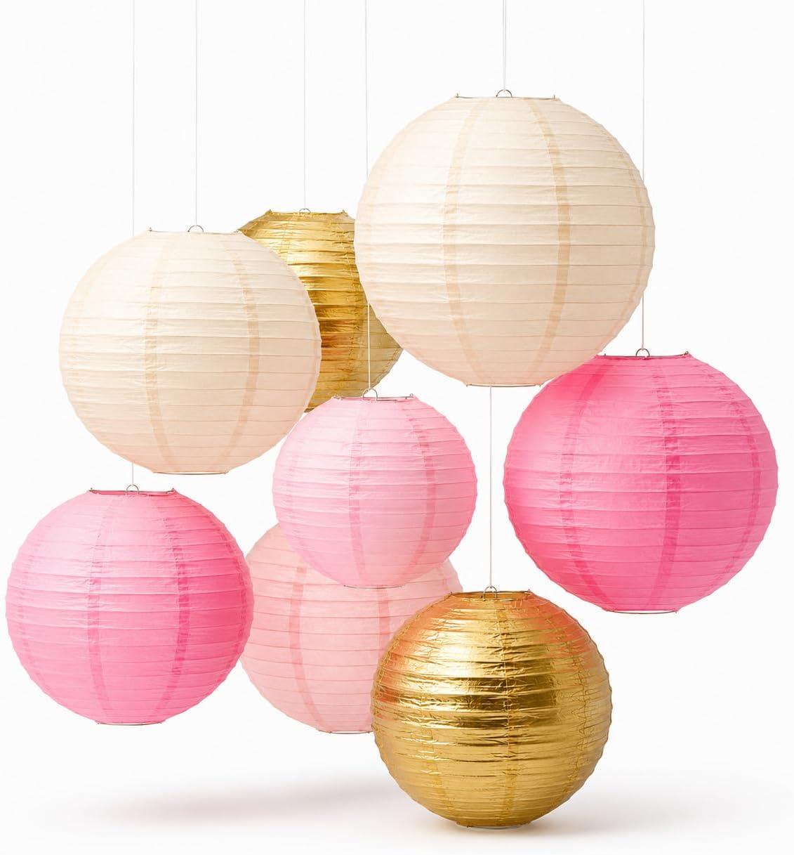 Pink Paper Lanterns Decorative, Pink Hanging Round Paper Lanterns for Wedding Bridal Baby Shower Valentines Day Gender Reveal (9 PCS)