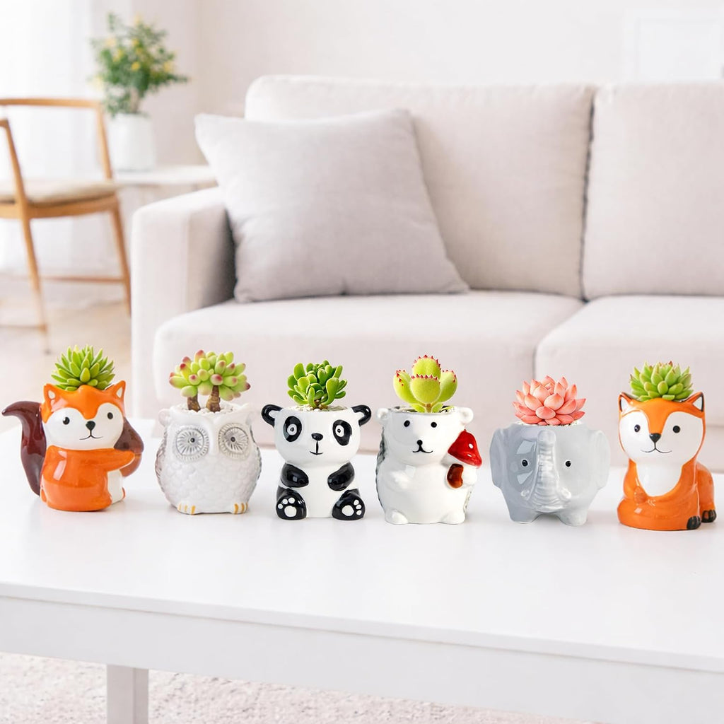 6 Pack Cute Cartoon Succulent Planters with Drainage - Small Animal Cactus Pots - Tiny Ceramic Flower Pots for Air