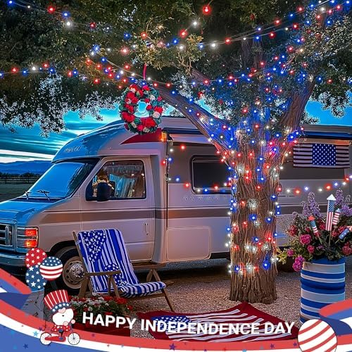 JMEXSUSS Red White and Blue Lights, 200 LED 4th of July Lights Plug in