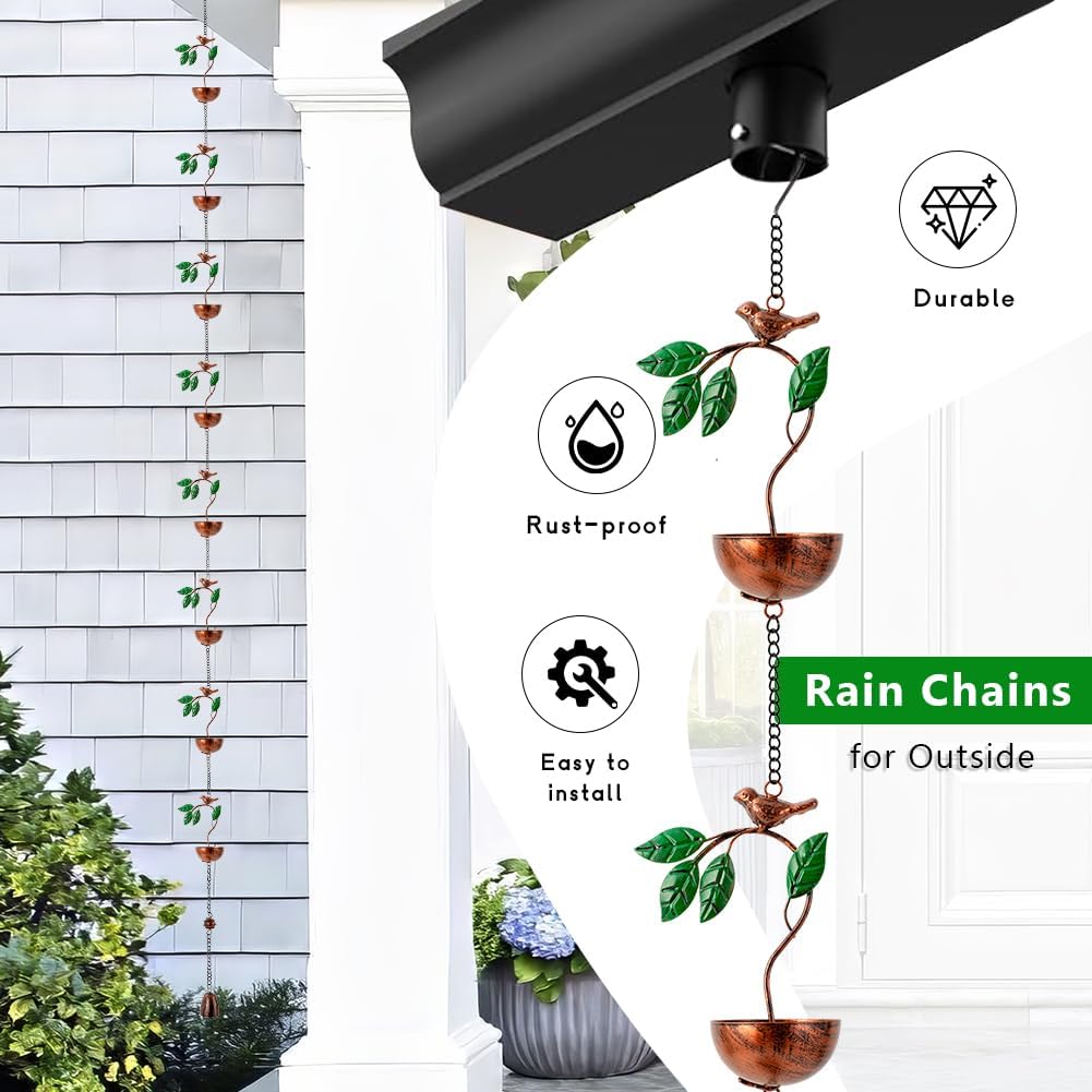 dreamysoul Rain Chains for Outside, Leaves and Bird Decorative Rain Catcher Chains for Downspout Gutter, Eaves Drainage