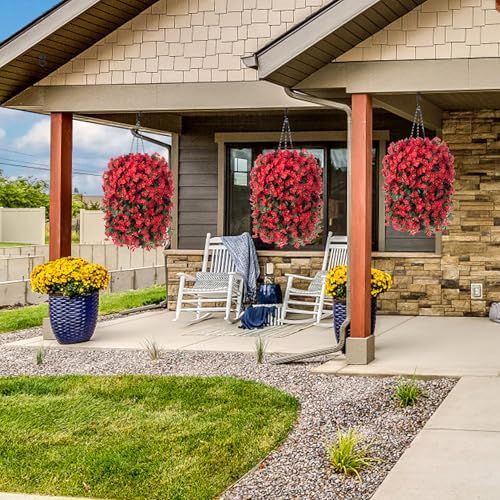 Artificial Hanging Flowers with Baskets for Decor, Fake Silk Red Hanging Daisy Orchid Flowers Plants, Faux Flower Centerpieces for Home Indoor Outdoor Garden Patio