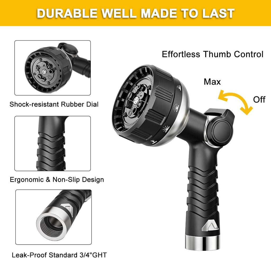 FANHAO Thumb Control Garden Hose Nozzle Heavy Duty Metal, 10 Spray Patterns | Rustproof Leak Proof, Comfortable