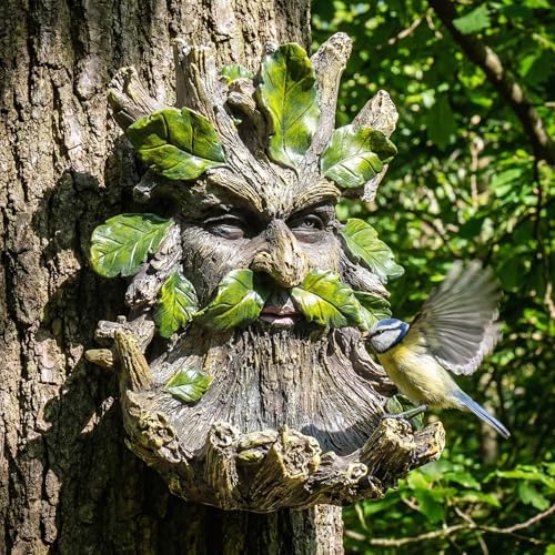 10.3" Whimsical Tree Face Sculpture, Garden Peeker Statue, Outdoor Trunk Tree Huggers Art, Landscape Accent Ornament, Hanging Fairy Elve Figurine for Yard Art, Feeder Decor Wall Mounted Statue
