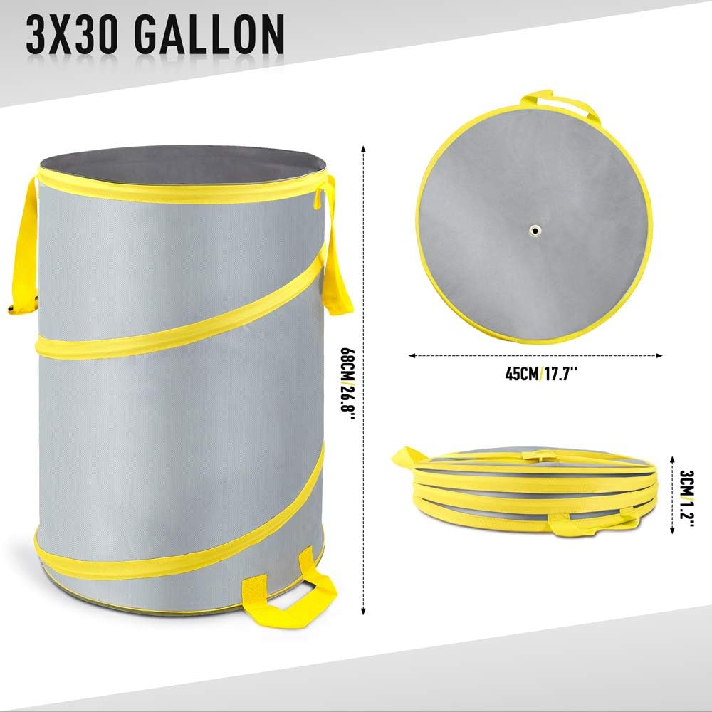3 Pack 30 Gallon Collapsible Trash Can, Reusable Garden Leaf Bag, Pop-Up Portable Yard Waste Bags for Lawn Debris
