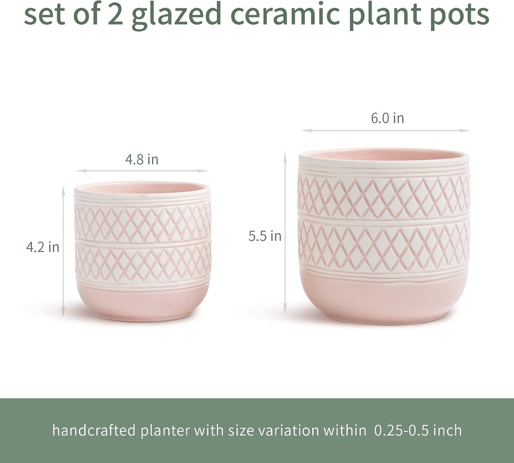 HERDUK Decorative Ceramic Flower Pots Set of 2 – 6 & 4.7 Inch Indoor Plant Pots, Boho Decorative Pots for Plants