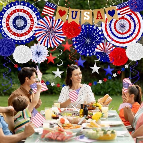 26 PCS 4th of July Decorations, 250th Memorial Day Red White Blue Paper Fans Decorations, 4th of July Banner Pompom Garland and Hanging Swirls Set for Fourth of July Independence Day Decor