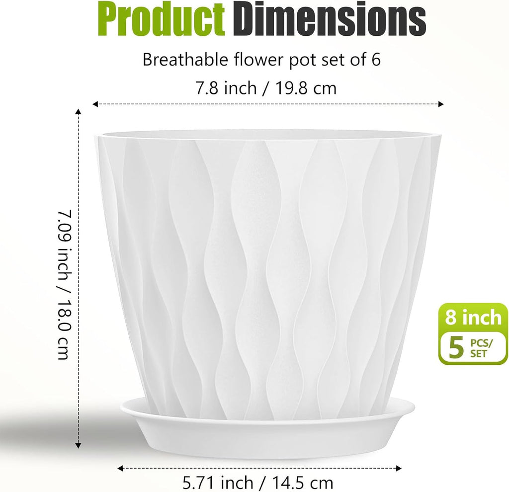 8 Inch Plastic Plant Pots,Set of 5 Flower Pots,Planters with Drainage Holes & Saucers, Indoor Outdoor Garden Pots for