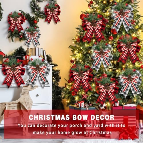 Moucuny 6 Pcs Christmas Burlap Bows Black White Red Plaid 5 x 6 Inch