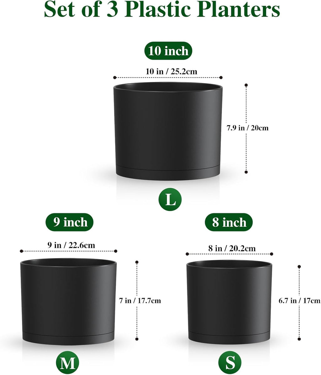 Plant Pots, 10/9/8 Inch 3 Pack Cylindrical Flower Pots with Drainage Holes and Saucers, Plastic Planters for Outdoor