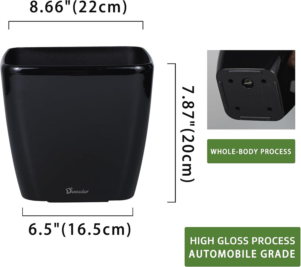 Dexceder 9x8 Self Watering Planter (Black High Gloss) | Inner Mat Design, Thickened Table Flower Plant Pot with Water
