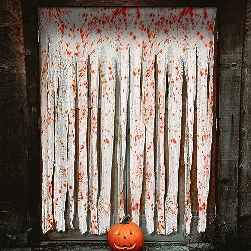 RunNico 85" x 60" 2pcs Halloween Door Curtain Decoration with Bloody Hand Prints - Bloody Doorway Curtain Halloween Creepy Cloth for Haunted House, Horror Theme Party