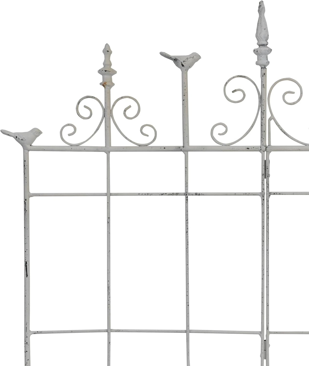 Vintage Distressed White Metal Garden Fence Panels, 25.6" W x 23.2" H Rustic Cast Iron Picket Fence, Outdoor Landscape