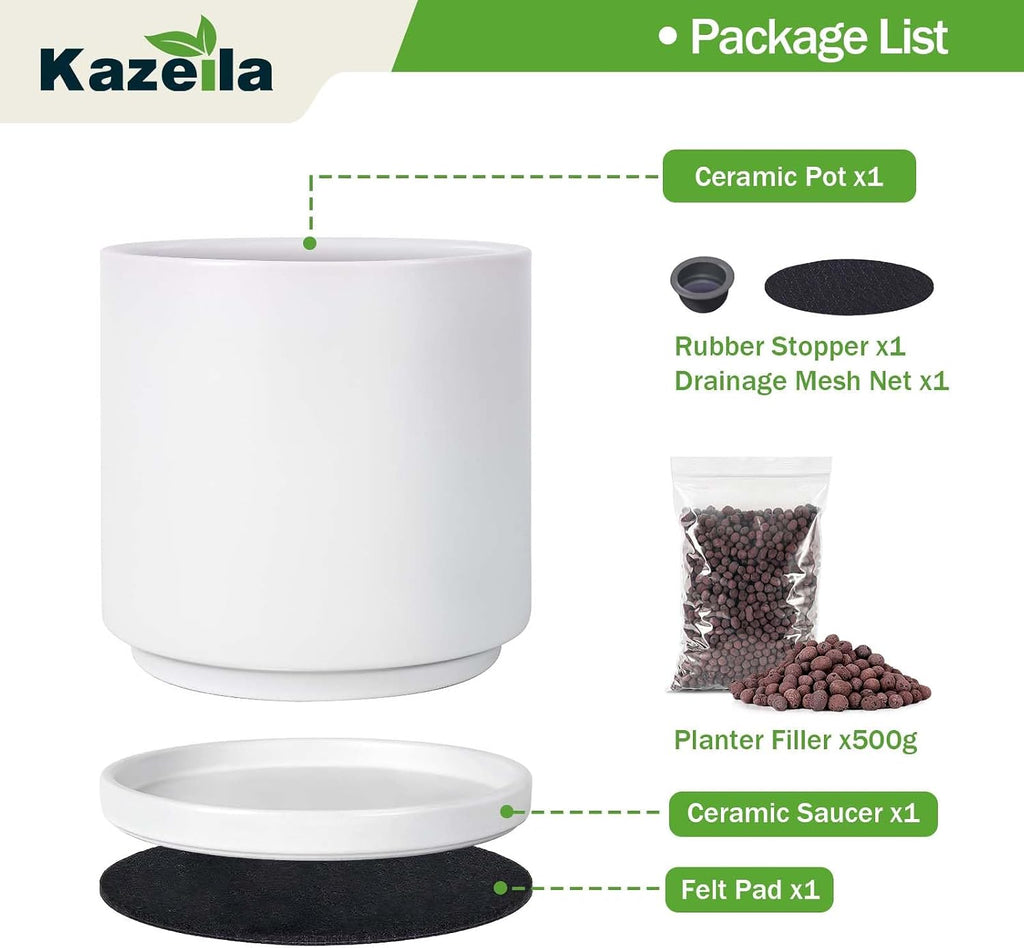 Kazeila 12 Inch Ceramic Planter Pot with Drainage Hole & Tray, Large Indoor Plant Pots, Modern Cylinder Flower Pot