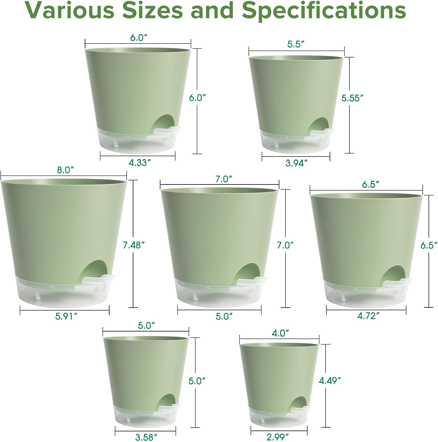 2026 Upgraded Self Watering Plant Pots with Drainage Hole, 8/7/6.5/6/5.5/5/4 Inch Flower Planting Containers for House
