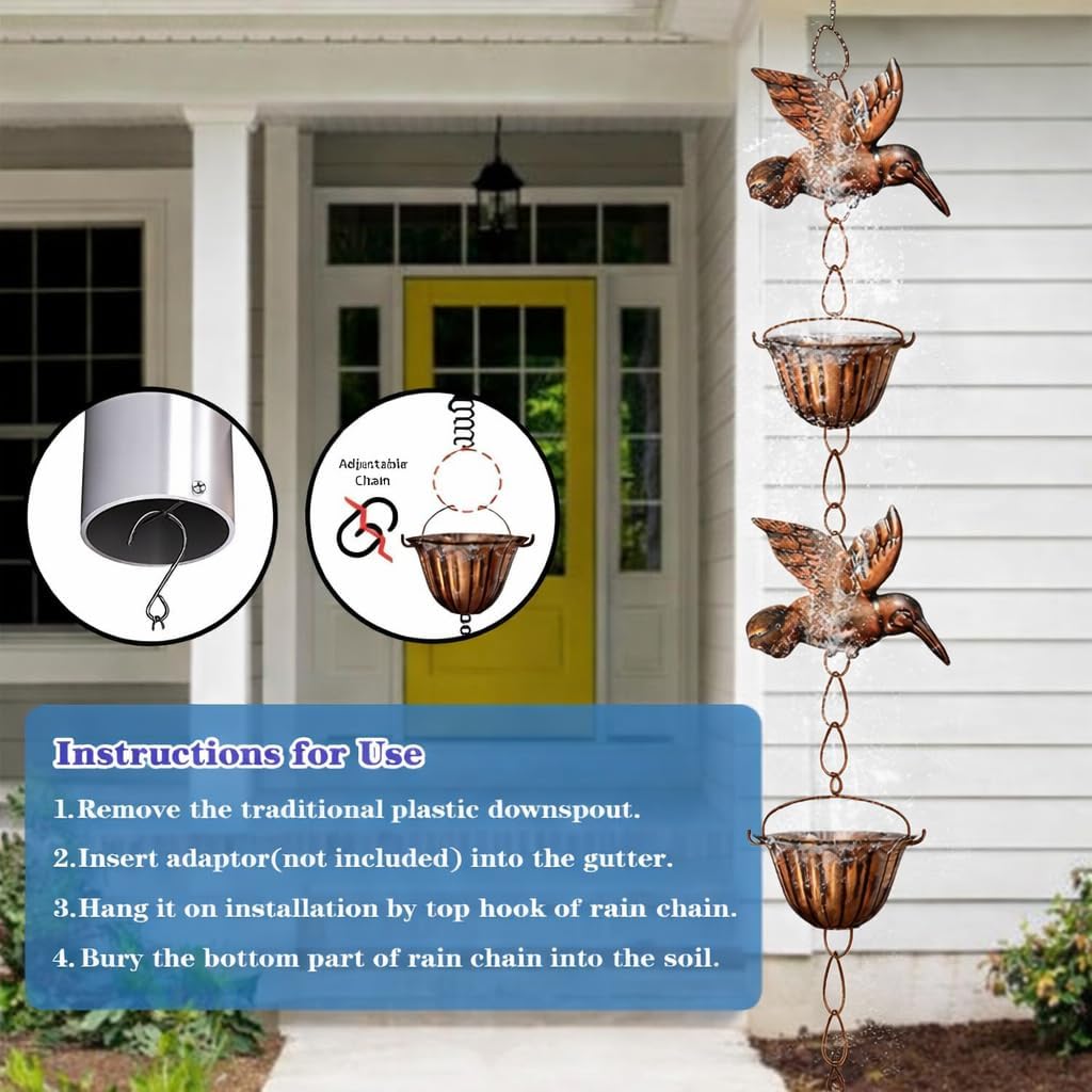 8.8ft Copper Rain Chains - Hummingbird Rain Chains for Gutters | Adjustable Decorative Steel Hanging Rain Hutter with 6