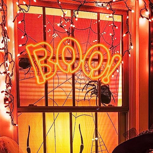 LAMPHOME [Large 36"x17" 666 LED Boo Neon Motif Super-Bright Orange LEDs Outdoor Halloween Decoration with UL Standard Adaptor Waterproof for Outdoor Home Party Wall Hanging Holiday