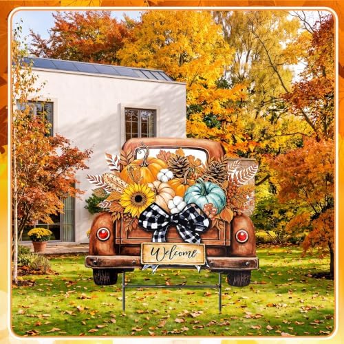 Weysat Fall Decor Outdoor Metal Pumpkin Truck Welcome Yard Sign with Bow