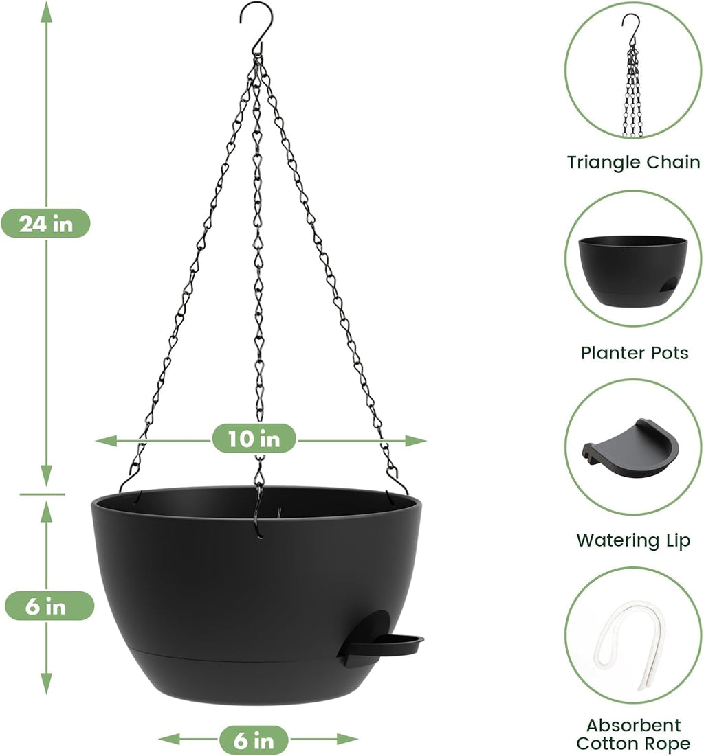 3 Pack 10 Hanging Flower Pots with Chains Self Watering Plastic Planters for Indoor Outdoor Plants, Sturdy Triangular