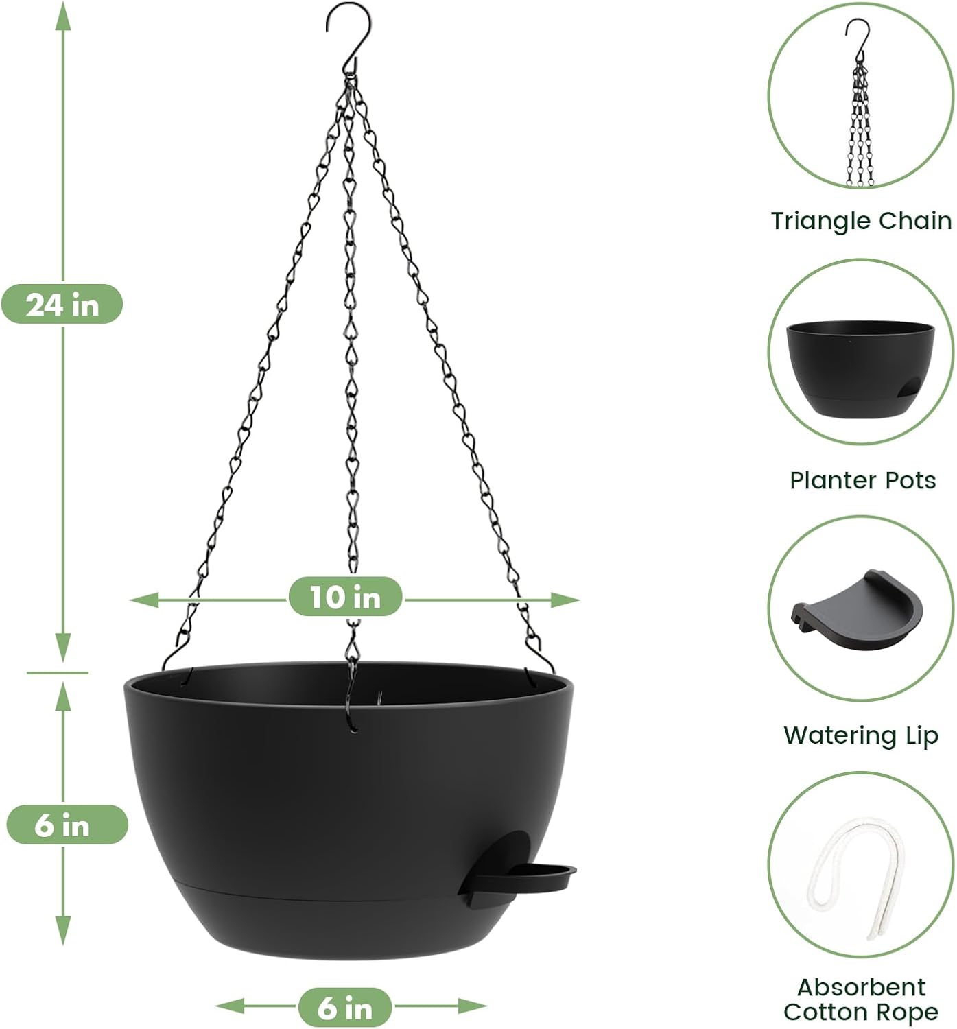 3 Pack 10 Hanging Flower Pots with Chains Self Watering Plastic Planters for Indoor Outdoor Plants, Sturdy Triangular