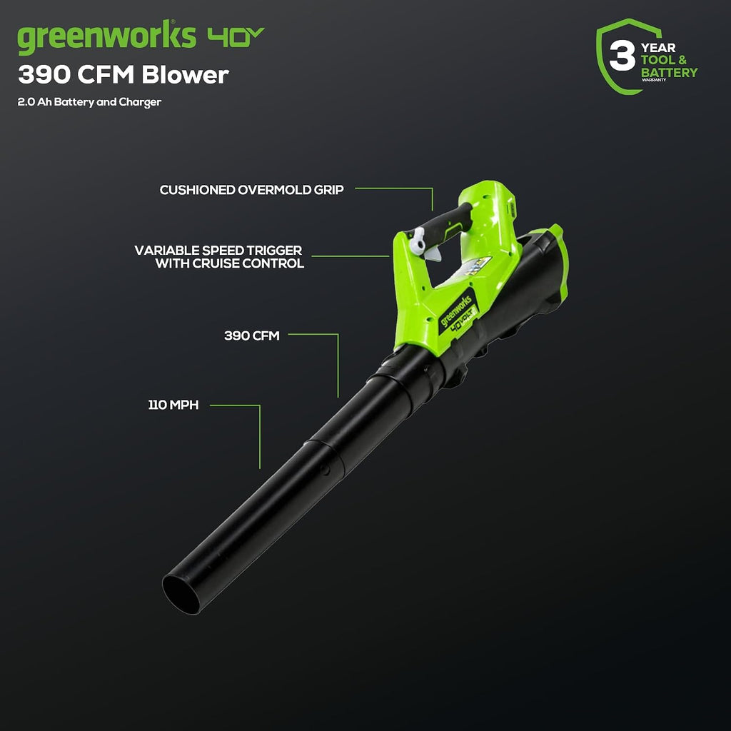 Greenworks 40V 12 in String Trimmer & 390 CFM Blower Combo, 2.0 Ah Battery