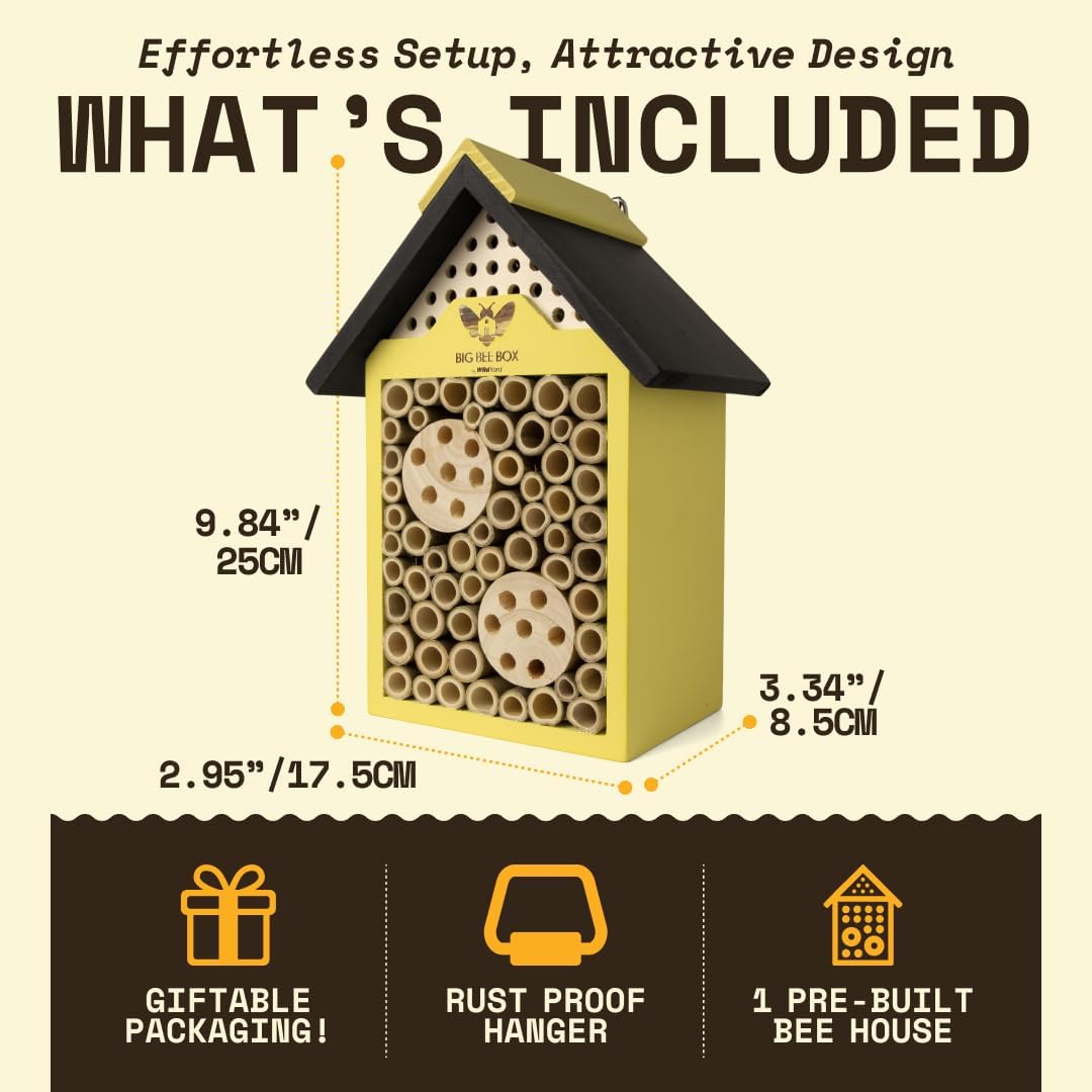 Bee House for Garden - Yellow with Nesting Tubes, Easy Mount | Wooden pollinator hotel with removable nesting tubes